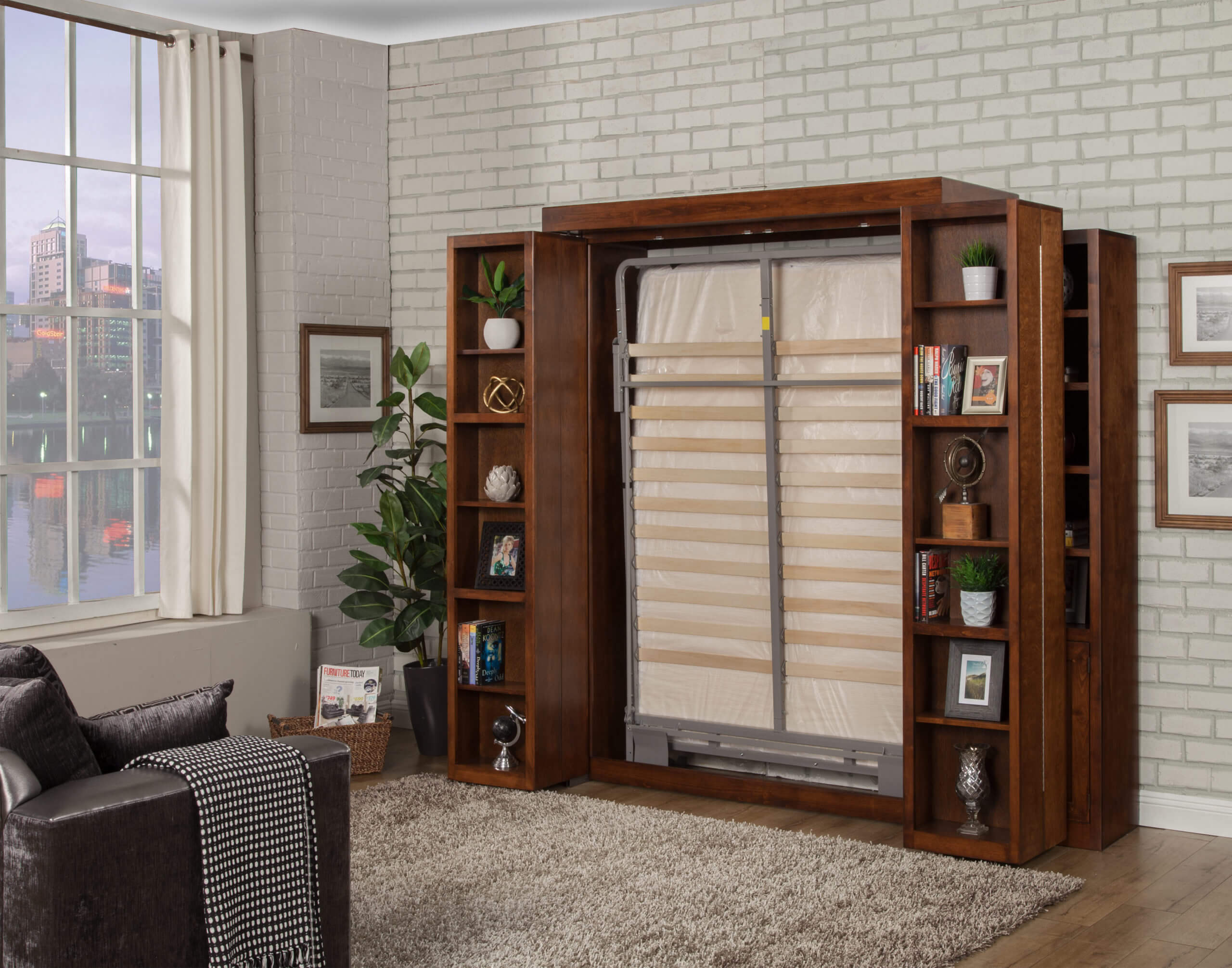 Library Murphy Bed Half Open with wall bed folded